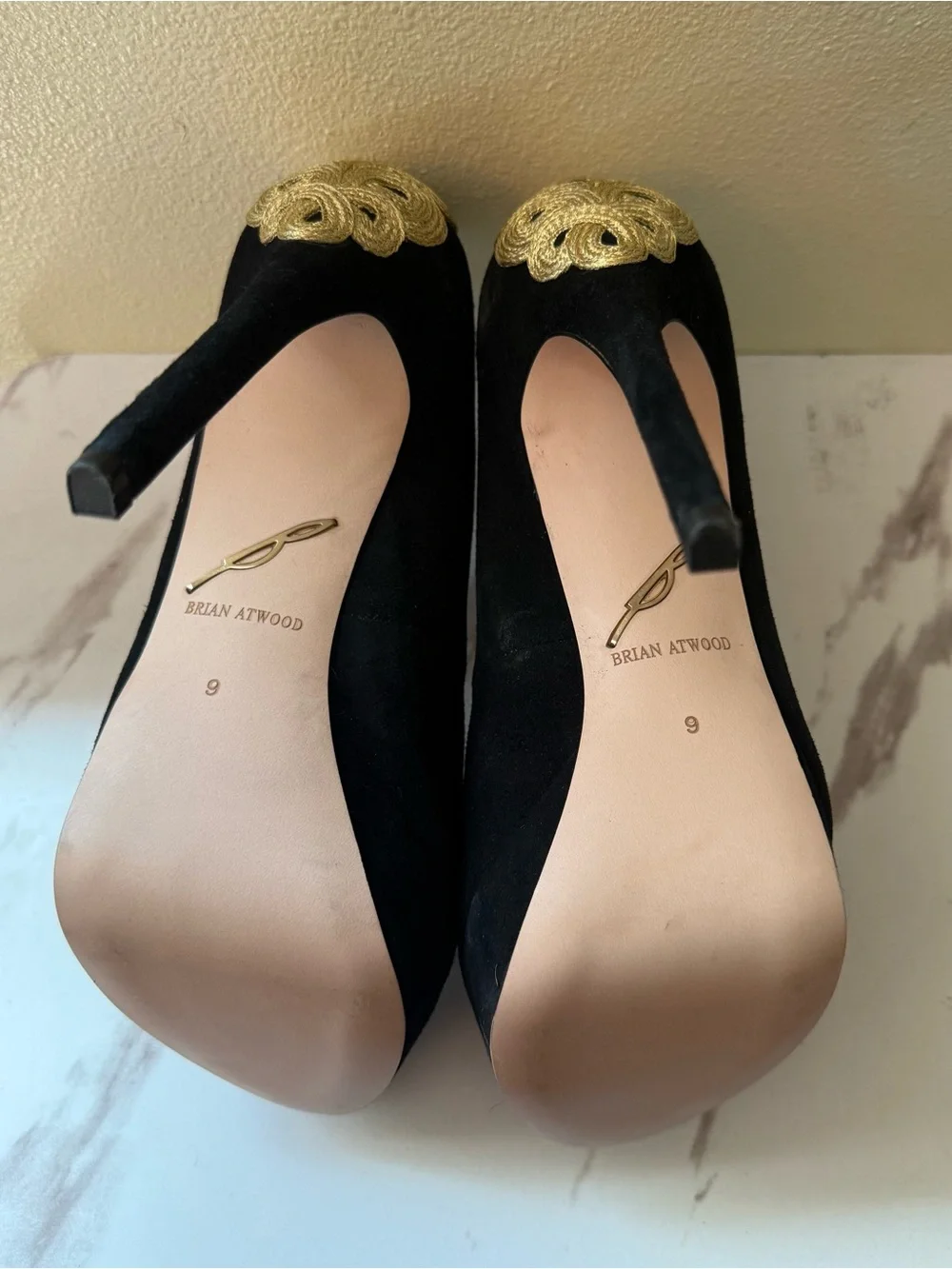 Brian Atwood Raja Black Suede Peep-Toe Platform, Gold Embellishment, EUC, Size 9